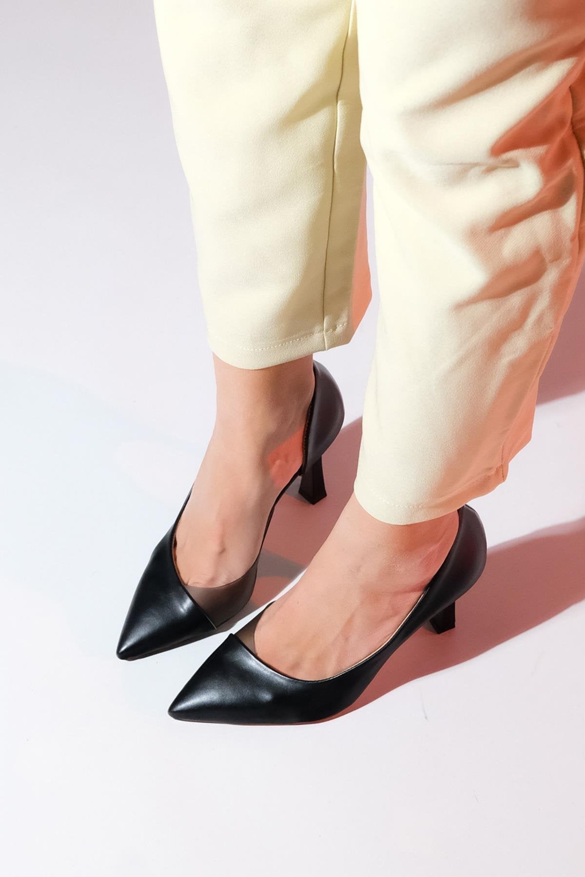 Ursula - Black Heeled Shoe – pair view showing leather, black, SimmiUnique