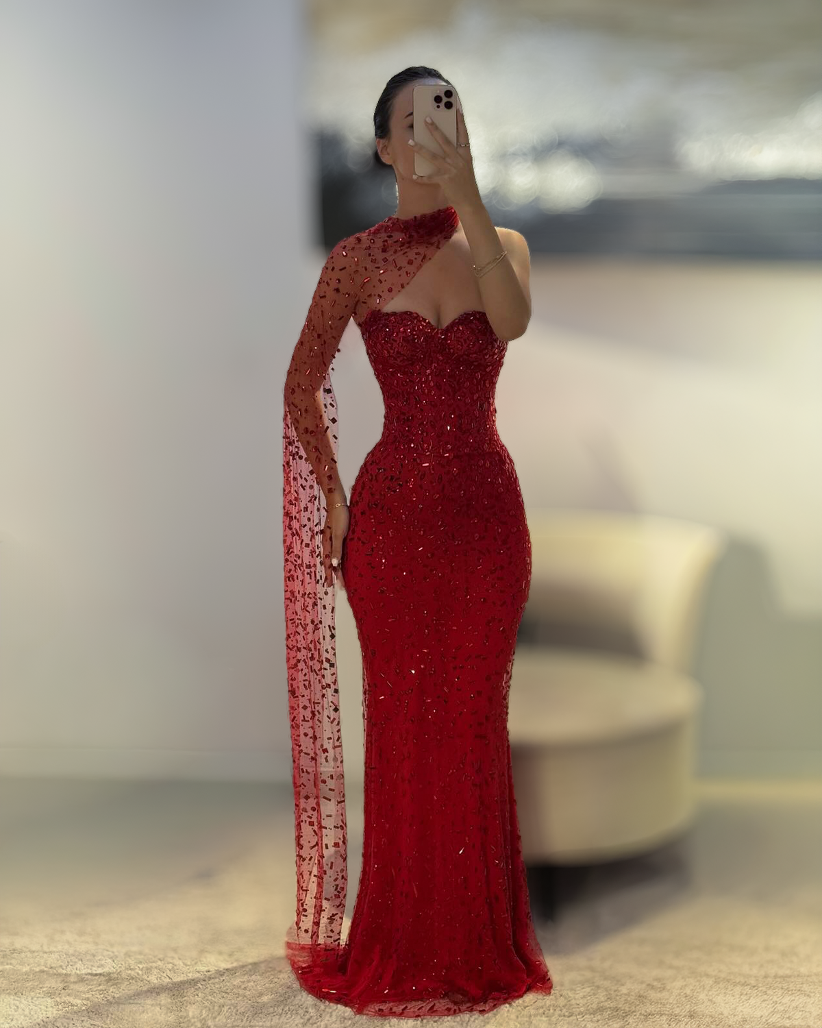 Ruby Red Crystal Mermaid Gown With Illusion Drape - SimmiUnique