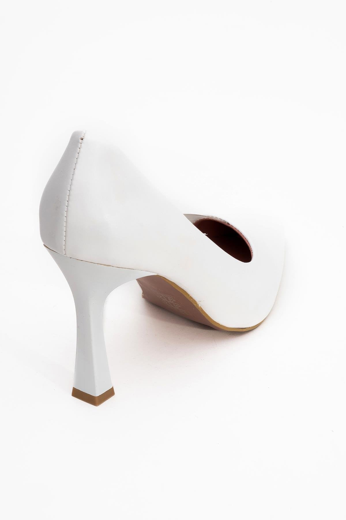 Ursula - White Heeled Shoe – back view showing leather, white, SimmiUnique