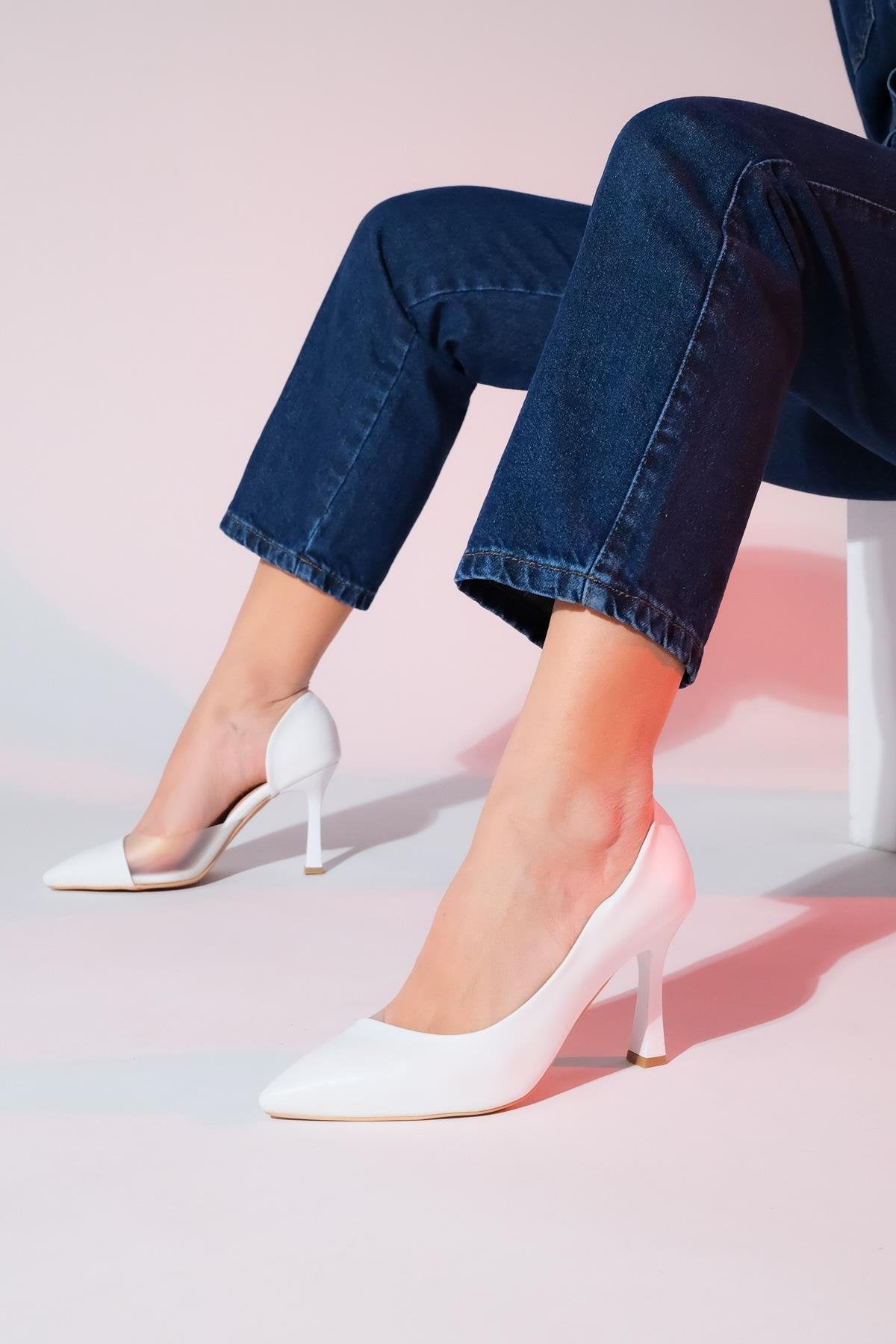 Ursula - White Heeled Shoe – pair view showing leather, white, SimmiUnique