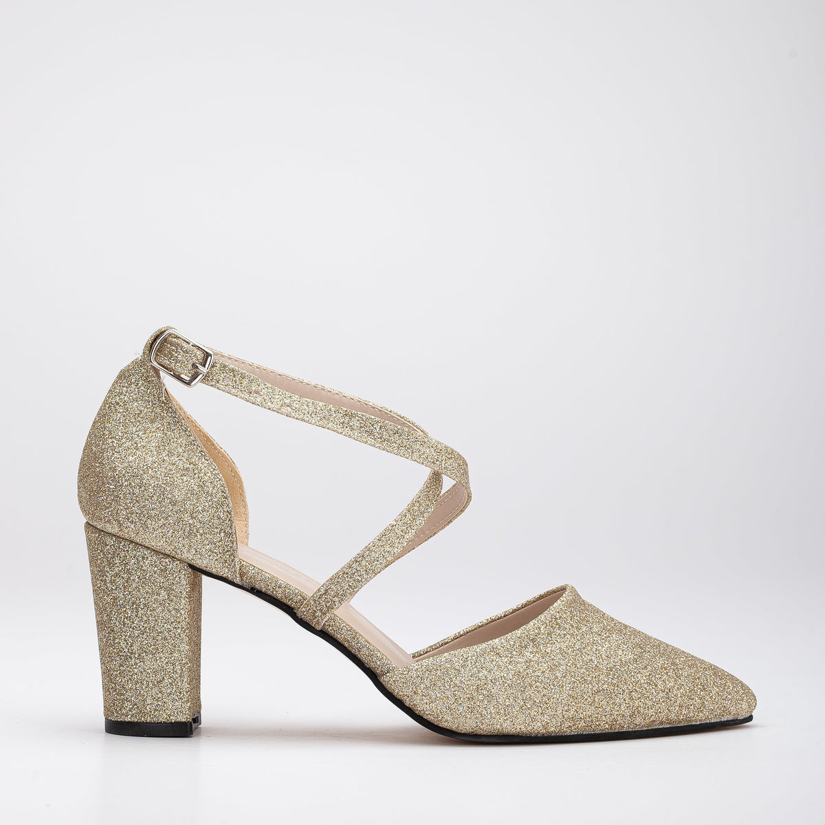 Sina - Gold Glitter Wedding Shoes – front three-quarter view showing glitter, gold, SimmiUnique