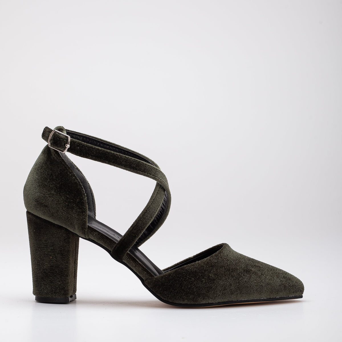 Sina - Olive Green Velvet Heels – front three-quarter view showing velvet, green, SimmiUnique