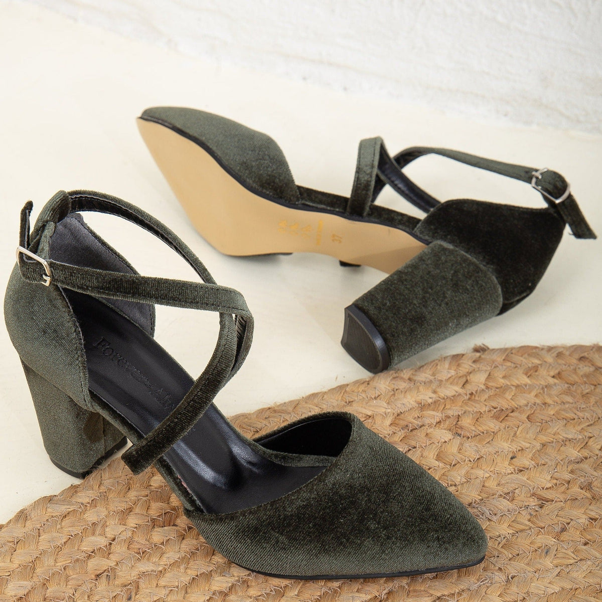 Sina - Olive Green Velvet Heels – back view showing velvet, green, SimmiUnique