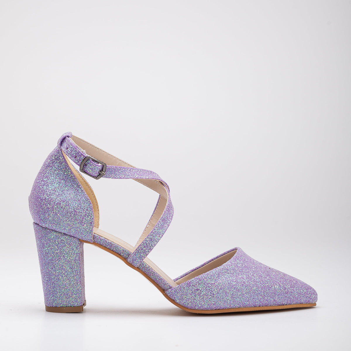 Sina - Lilac Glitter Wedding Shoes – front three-quarter view showing glitter, SimmiUnique