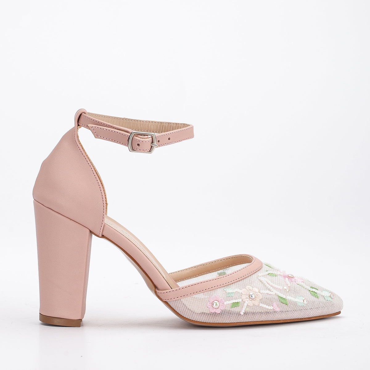 Lorraine - Blush Floral Lace Wedding Shoes – front three-quarter view showing pearl, lace, leather, SimmiUnique