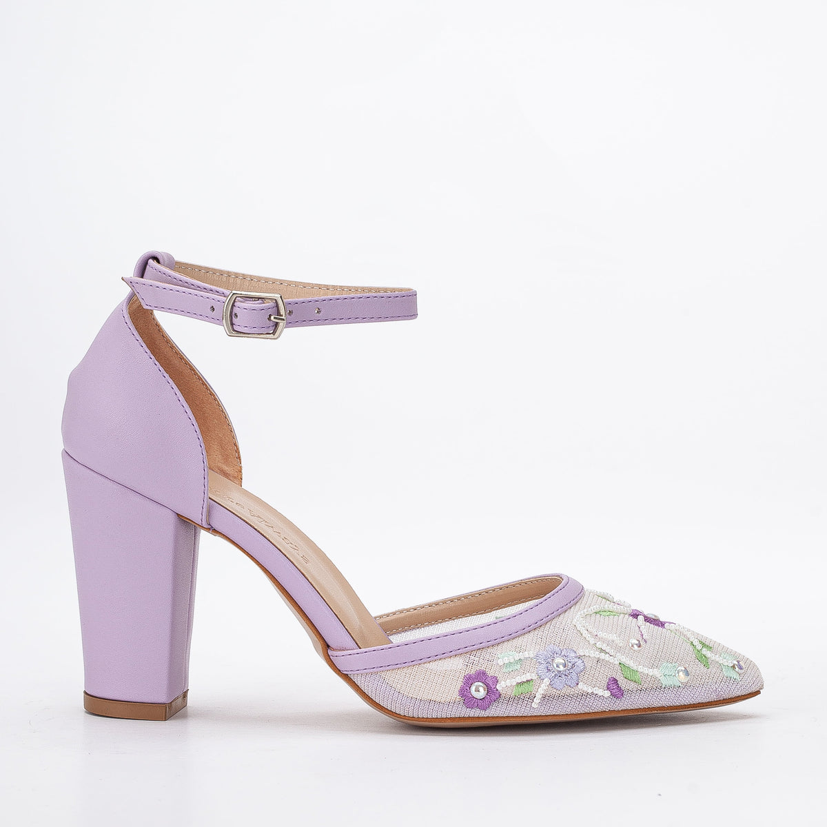 Lorraine - Lavender Floral Lace Wedding Shoes – front three-quarter view showing pearl, lace, leather, SimmiUnique