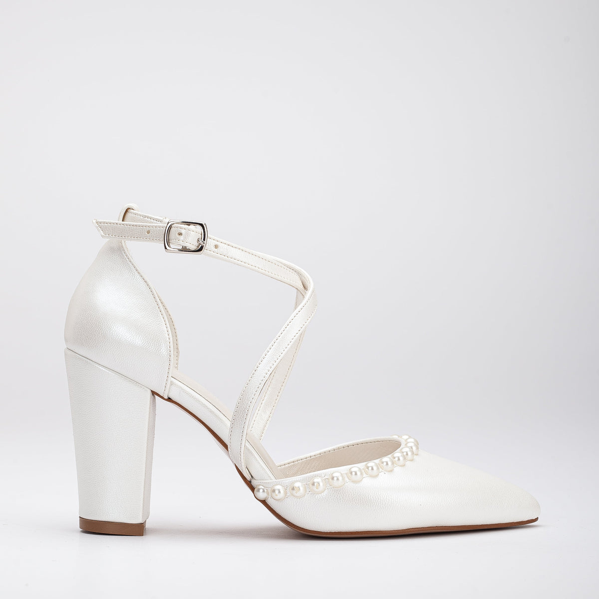 Sina - Ivory Pearl Bridal Heels – front three-quarter view showing pearl, leather, ivory, SimmiUnique