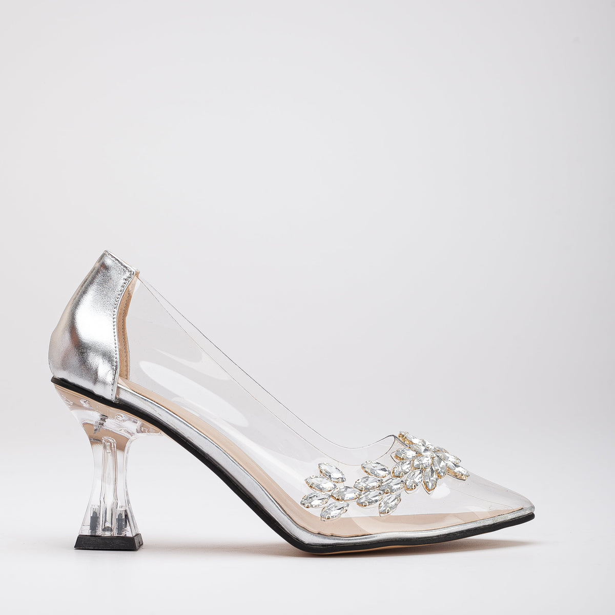 Cinderella - Silver Transparent High Heels – front three-quarter view showing silver, SimmiUnique