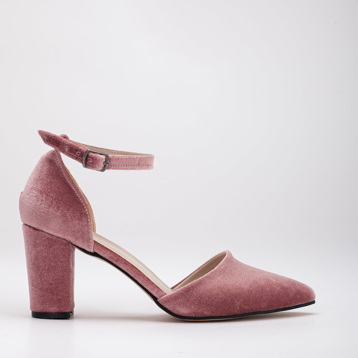 Gisele - Rose Velvet High Heels – front three-quarter view showing velvet, pink, SimmiUnique