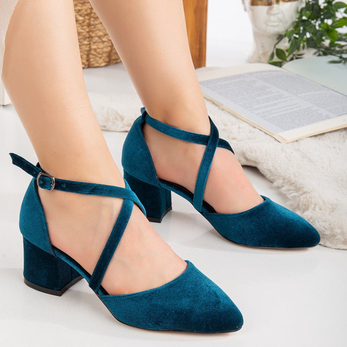 Dolly - Teal Blue Velvet Heels – top view showing velvet, blue, SimmiUnique