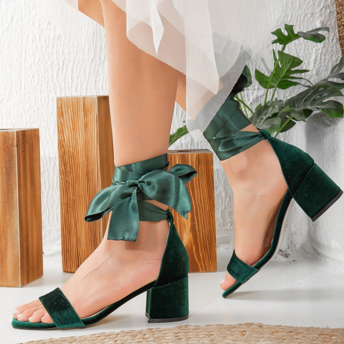 Hera - Emerald Green Sandals with Ribbon – heel view showing satin, velvet, red, SimmiUnique