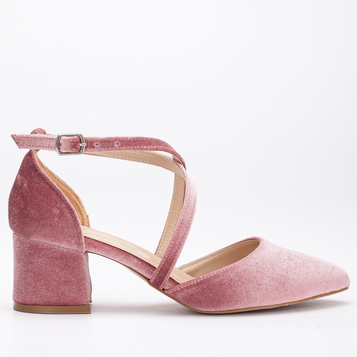 Dolly - Rose Velvet Low Heels – front three-quarter view showing velvet, pink, SimmiUnique