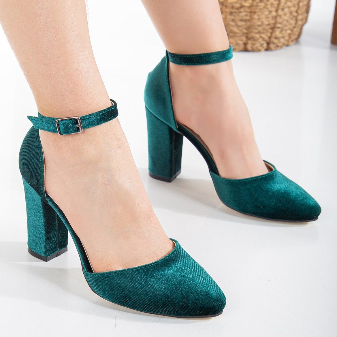 Gisele - Emerald Green Wedding High Heels – back view showing velvet, green, SimmiUnique