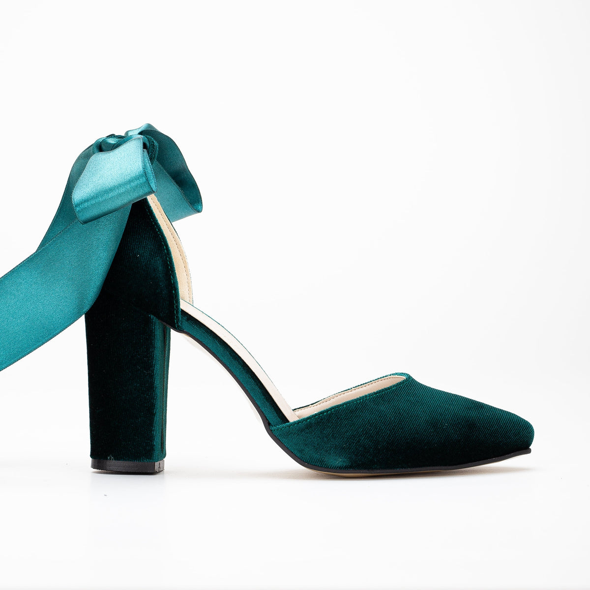Gisele - Emerald Green Wedding Heels with Ribbon – front three-quarter view showing satin, velvet, green, SimmiUnique