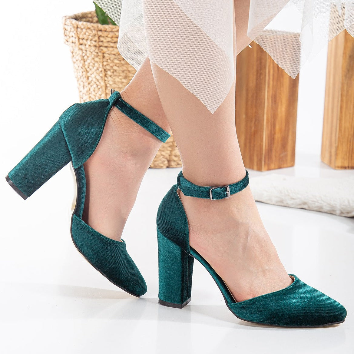 Gisele - Emerald Green Wedding Heels with Ribbon – sole view showing satin, velvet, green, SimmiUnique