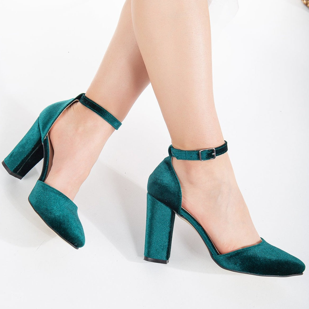 Gisele - Emerald Green Wedding Heels with Ribbon – pair view showing satin, velvet, green, SimmiUnique