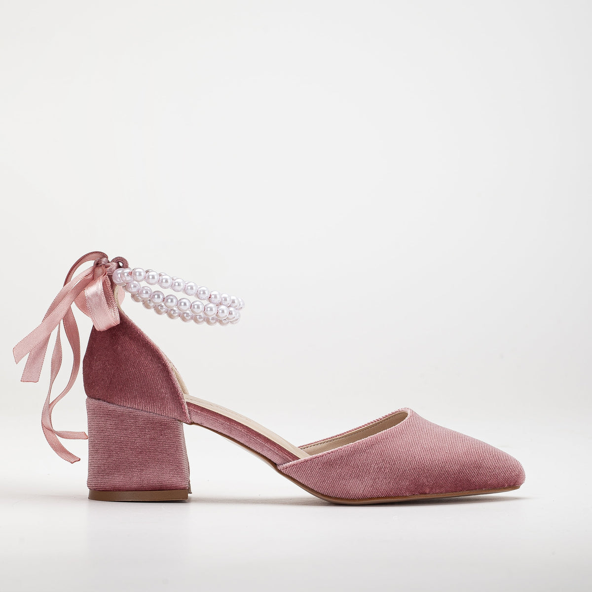 Marcelle - Rose Velvet Low Heels with Pearls – front three-quarter view showing pearl, velvet, pink, SimmiUnique