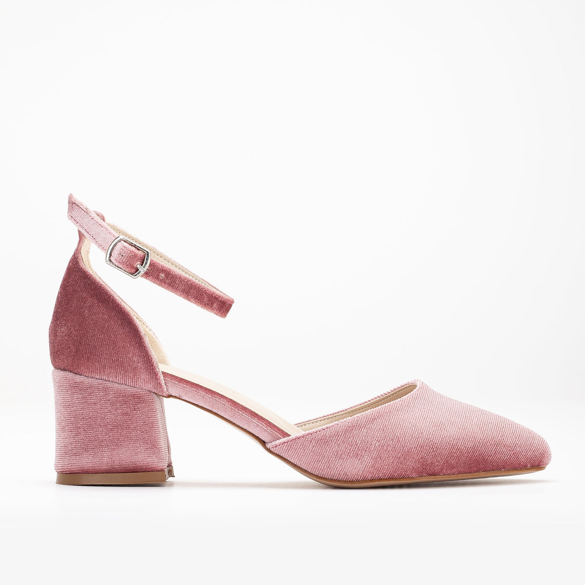 Marcelle - Rose Velvet Low Heels with Pearls – top view showing pearl, velvet, pink, SimmiUnique