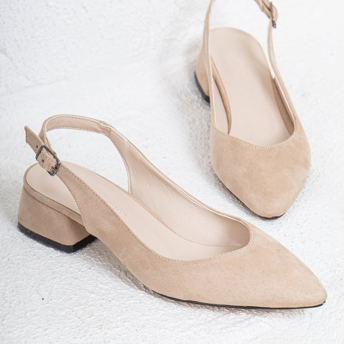 Emma - Beige Suede Slingback Shoes – heel view showing leather, suede, SimmiUnique
