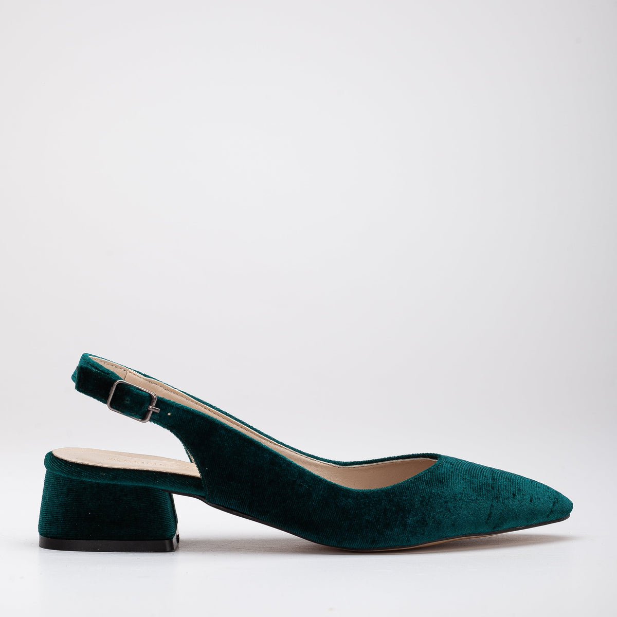 Emma - Green Velvet Slingback Shoes – front three-quarter view showing velvet, green, SimmiUnique