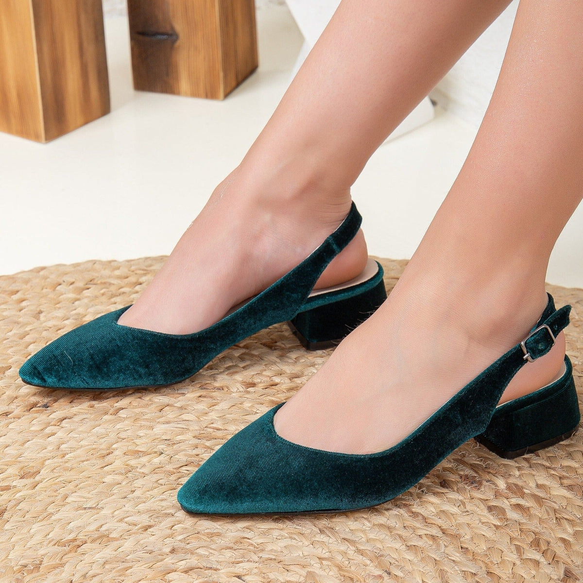 Emma - Green Velvet Slingback Shoes – heel view showing velvet, green, SimmiUnique