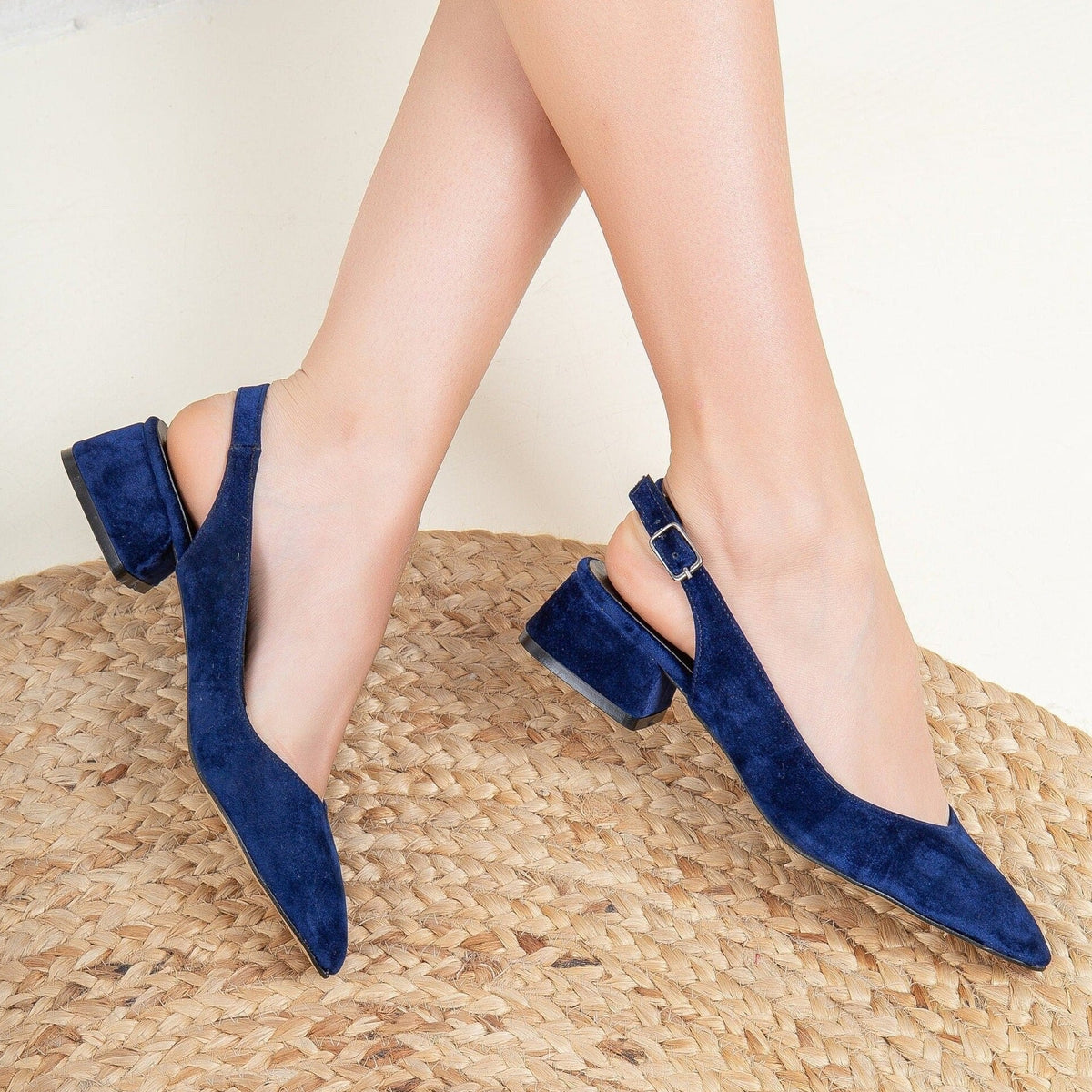 Emma - Blue Velvet Slingback Shoes – top view showing velvet, blue, SimmiUnique