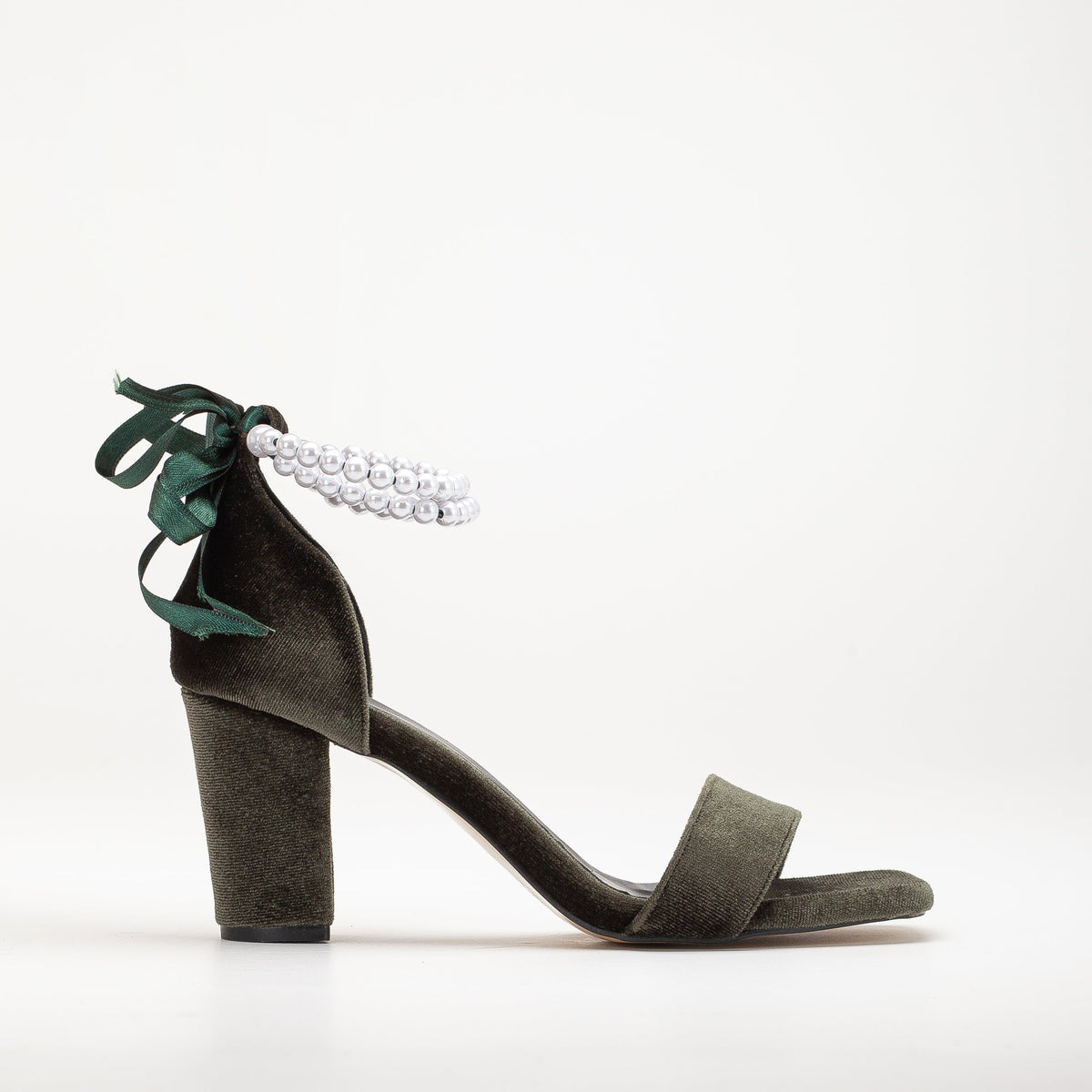 Melissa - Olive Green Velvet Sandals with Pearls – front three-quarter view showing pearl, satin, velvet, SimmiUnique