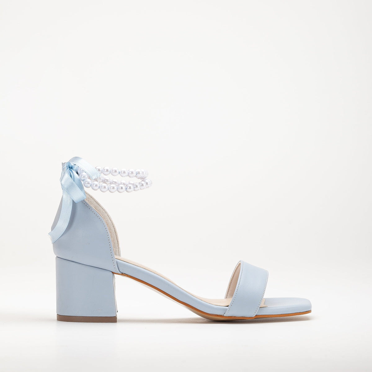 Illy - Baby Blue Sandals with Pearls – front three-quarter view showing pearl, satin, leather, SimmiUnique