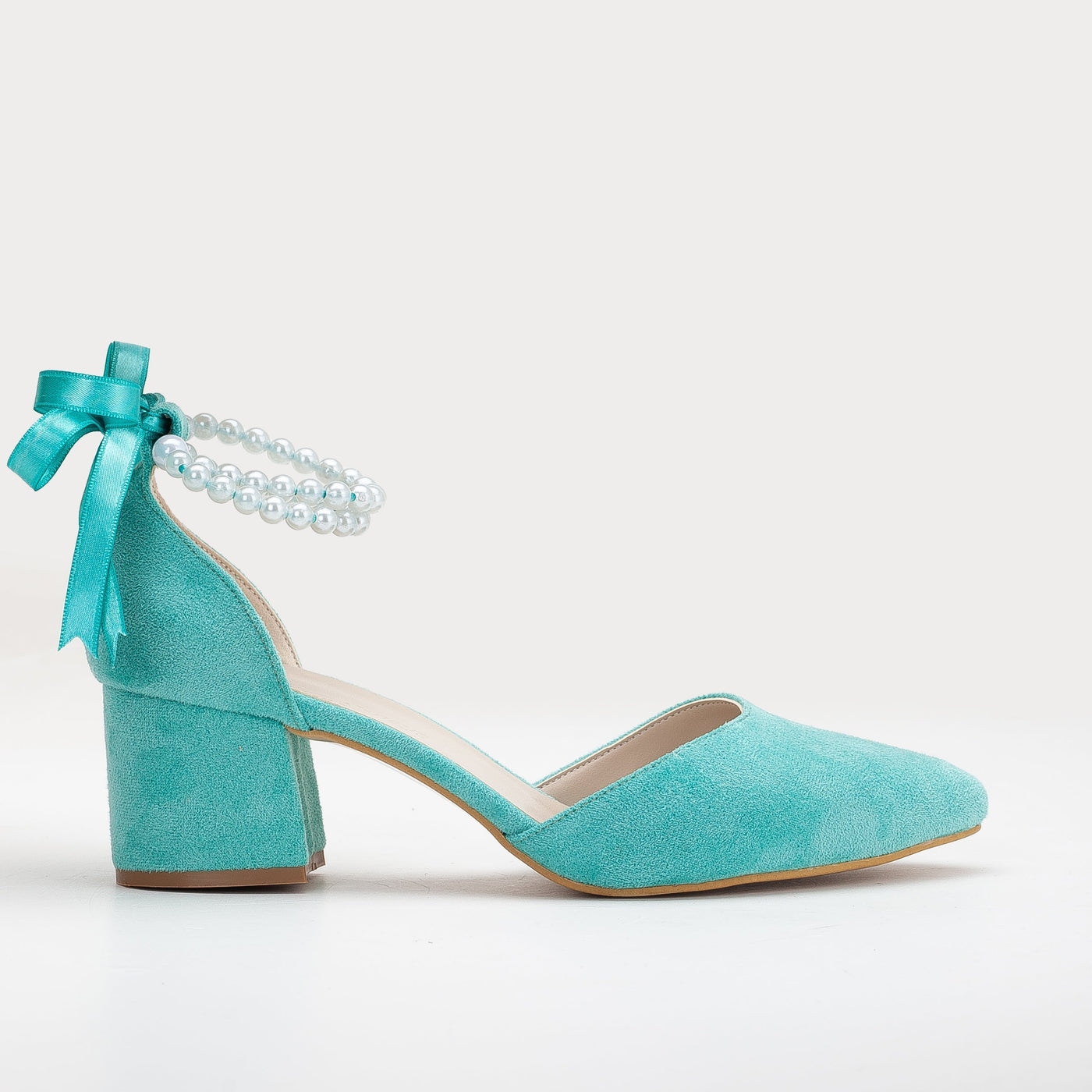 Miranda - Aqua Blue Bridal Shoes with Pearls – front three-quarter view showing pearl, leather, suede, SimmiUnique