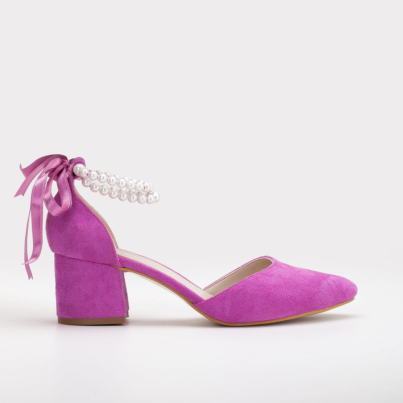 Miranda - Fuchsia Bridal Shoes with Pearls – front three-quarter view showing pearl, leather, suede, SimmiUnique
