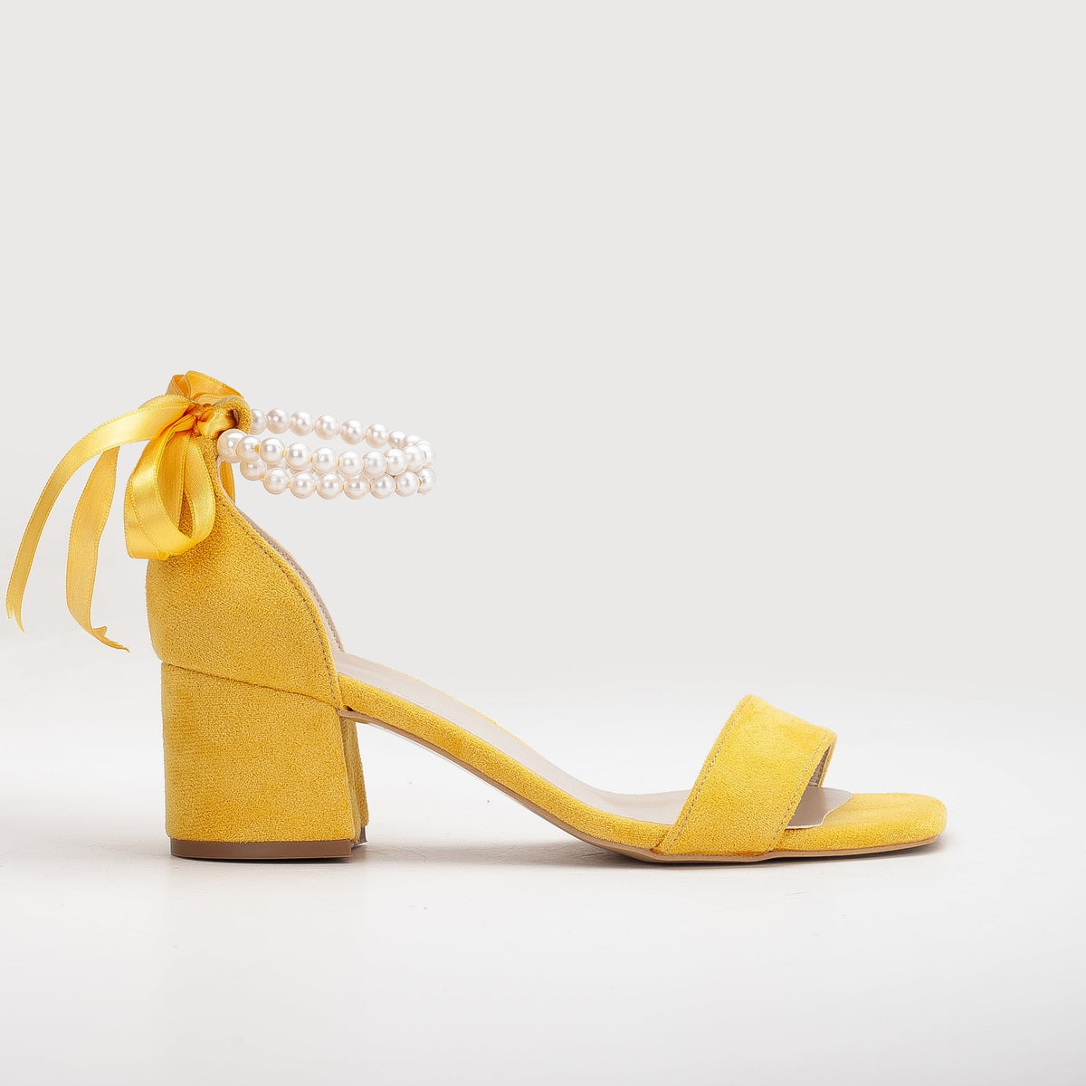 Illy - Yellow Suede Sandals with Pearls – front three-quarter view showing pearl, leather, suede, SimmiUnique