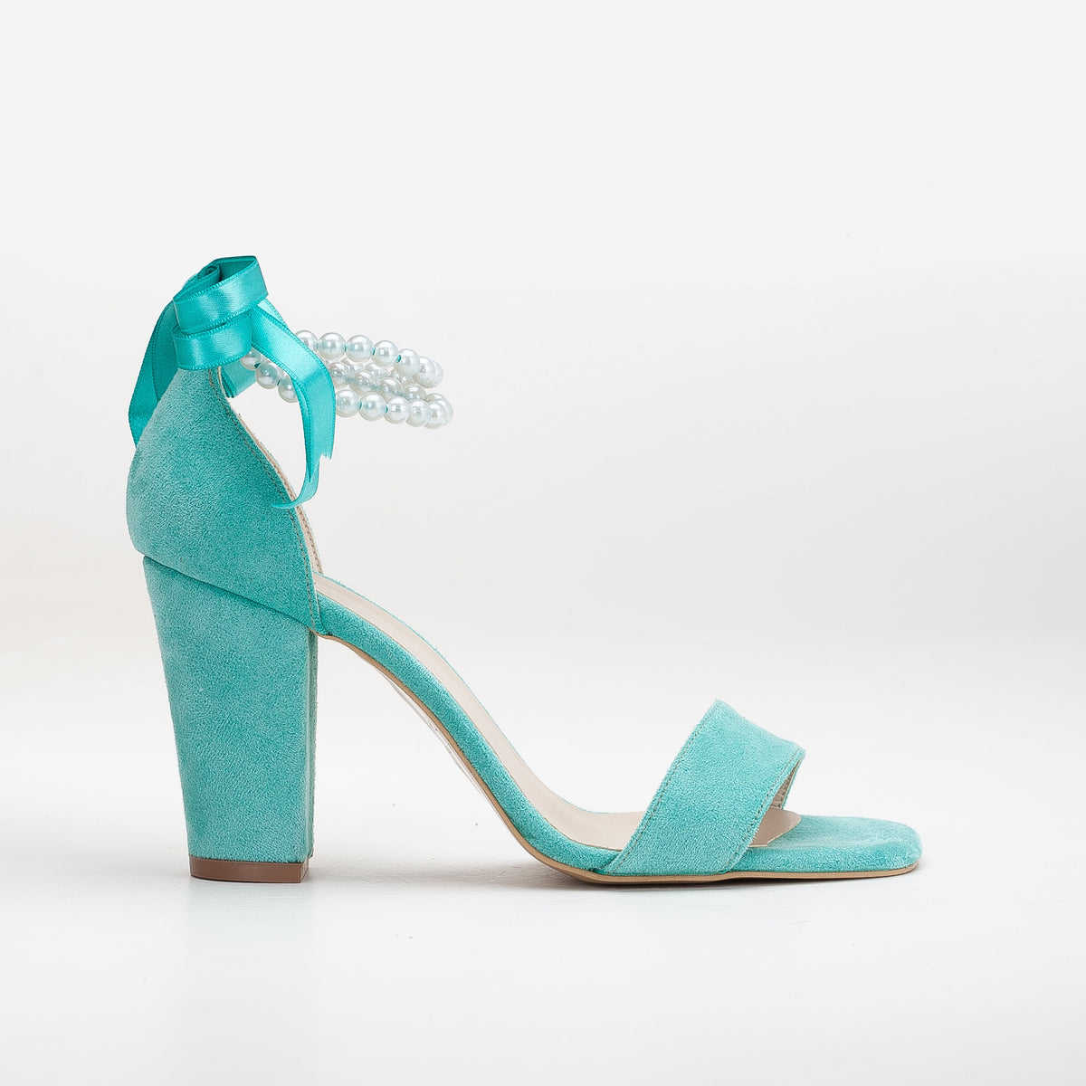 Melissa - Aqua Blue Suede Sandals with Pearls – front three-quarter view showing pearl, leather, suede, SimmiUnique