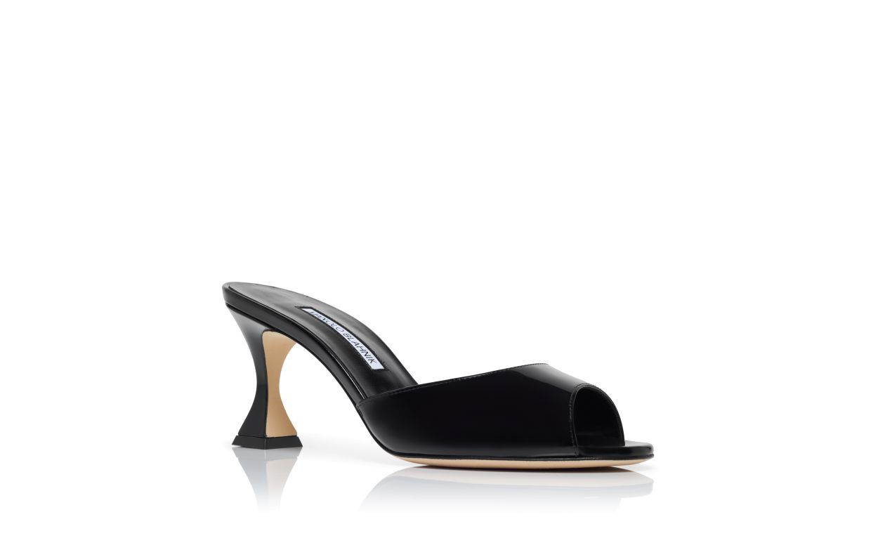 Celeste Jewel Black Open Toe Mules – top view showing black open toe, patent leather, SimmiUnique