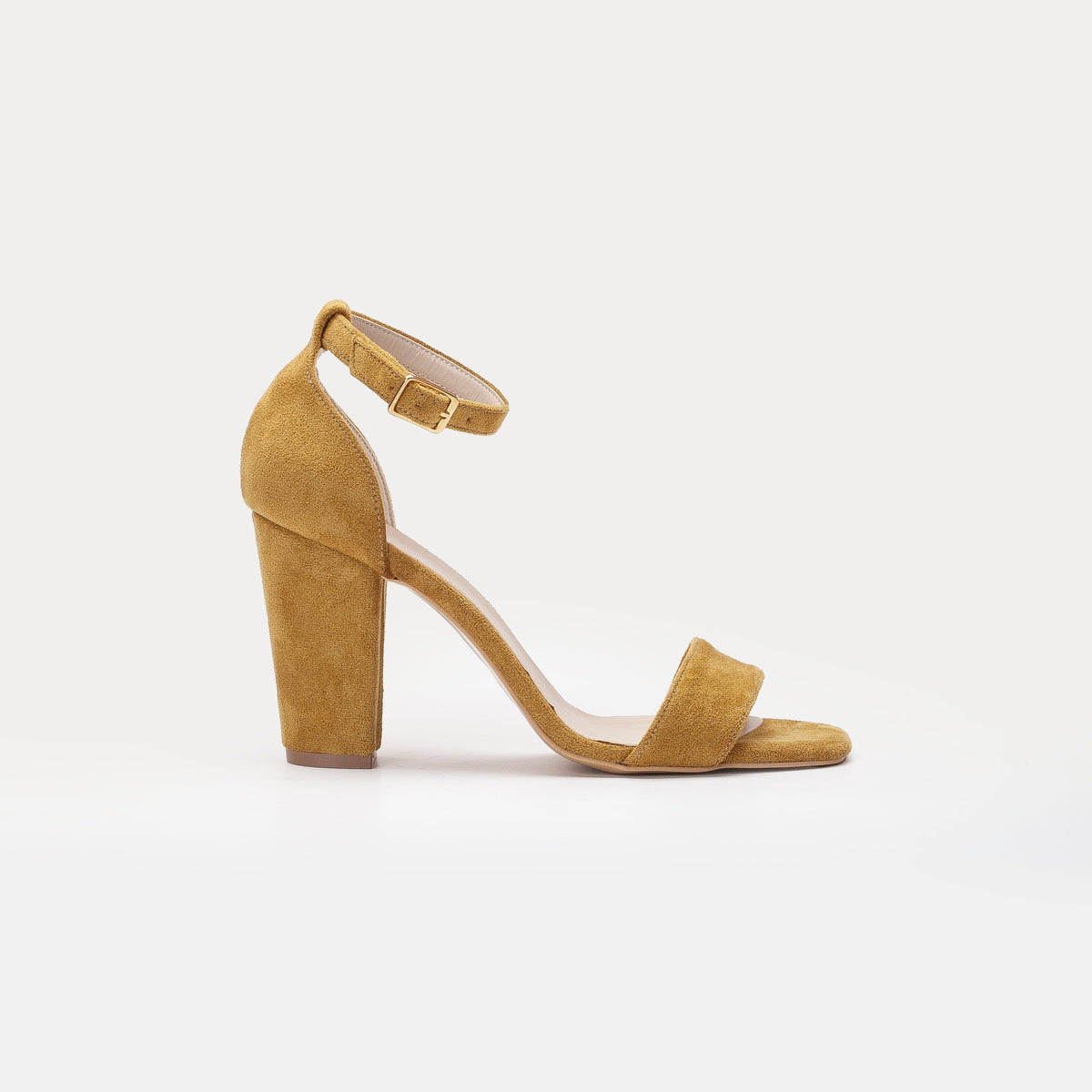 Jess - Mustard Yellow Suede Sandals – front three-quarter view showing leather, suede, SimmiUnique
