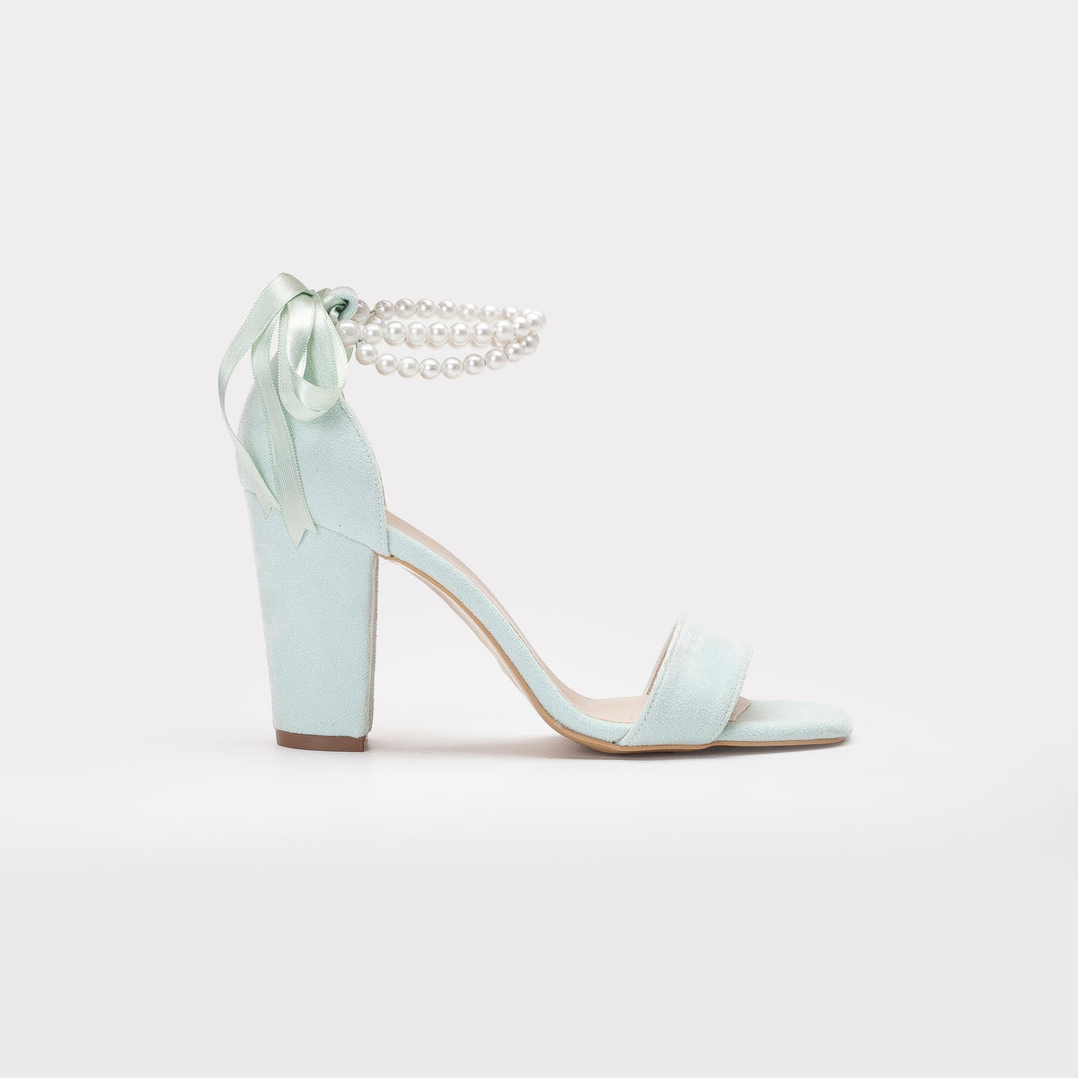 Melissa - Mint Green Sandals with Pearls – front three-quarter view showing pearl, leather, suede, SimmiUnique