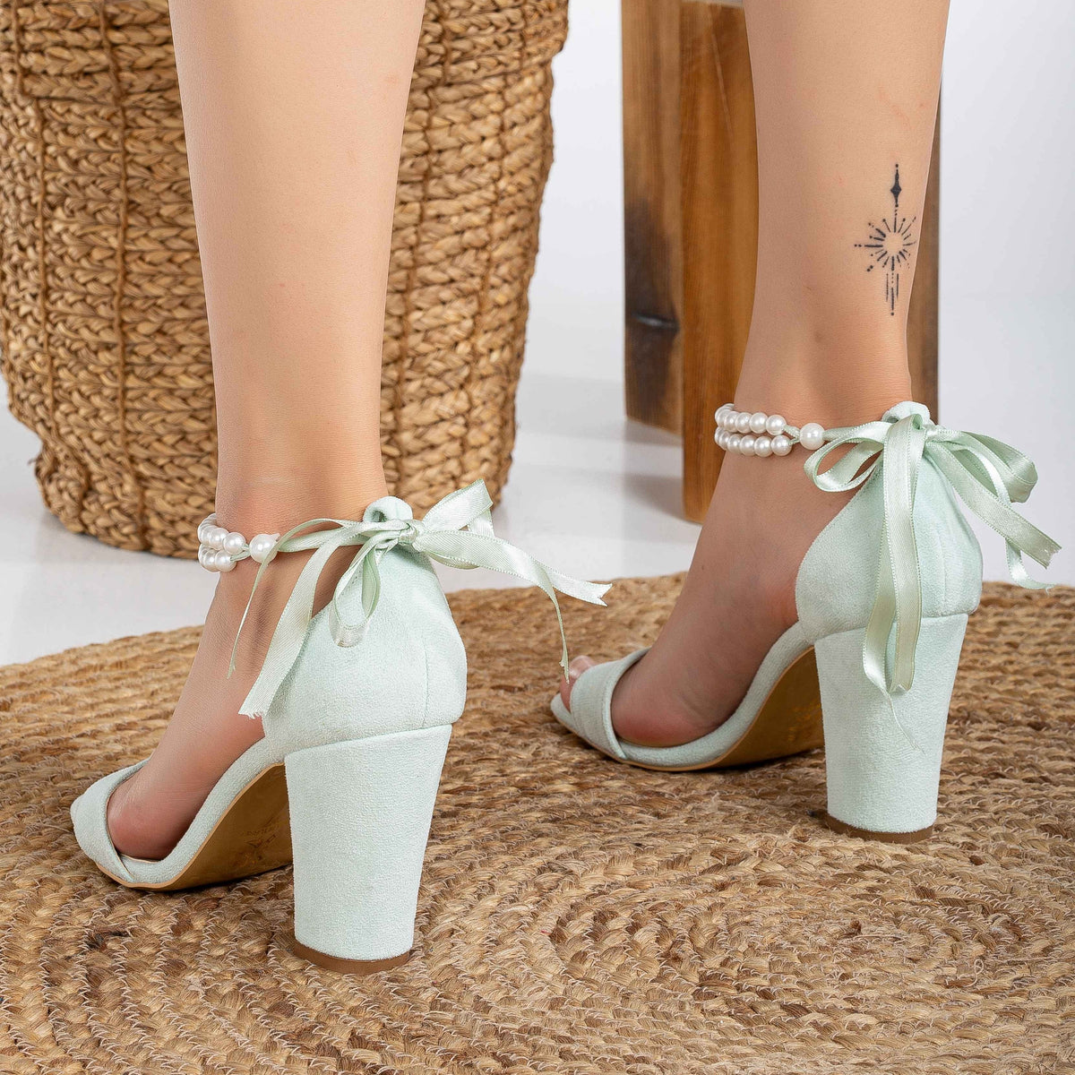 Melissa - Mint Green Sandals with Pearls – detail view showing pearl, leather, suede, SimmiUnique