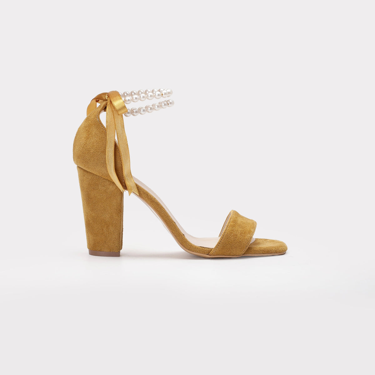Melissa - Mustard Yellow Sandals with Pearls – front three-quarter view showing pearl, leather, suede, SimmiUnique
