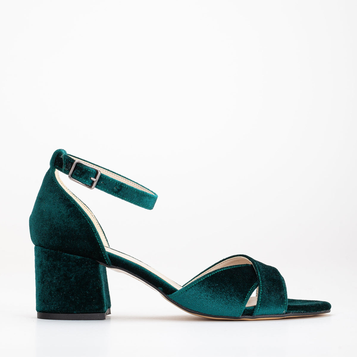 Aurora - Green Velvet Low Heel Sandals – front three-quarter view showing velvet, green, SimmiUnique