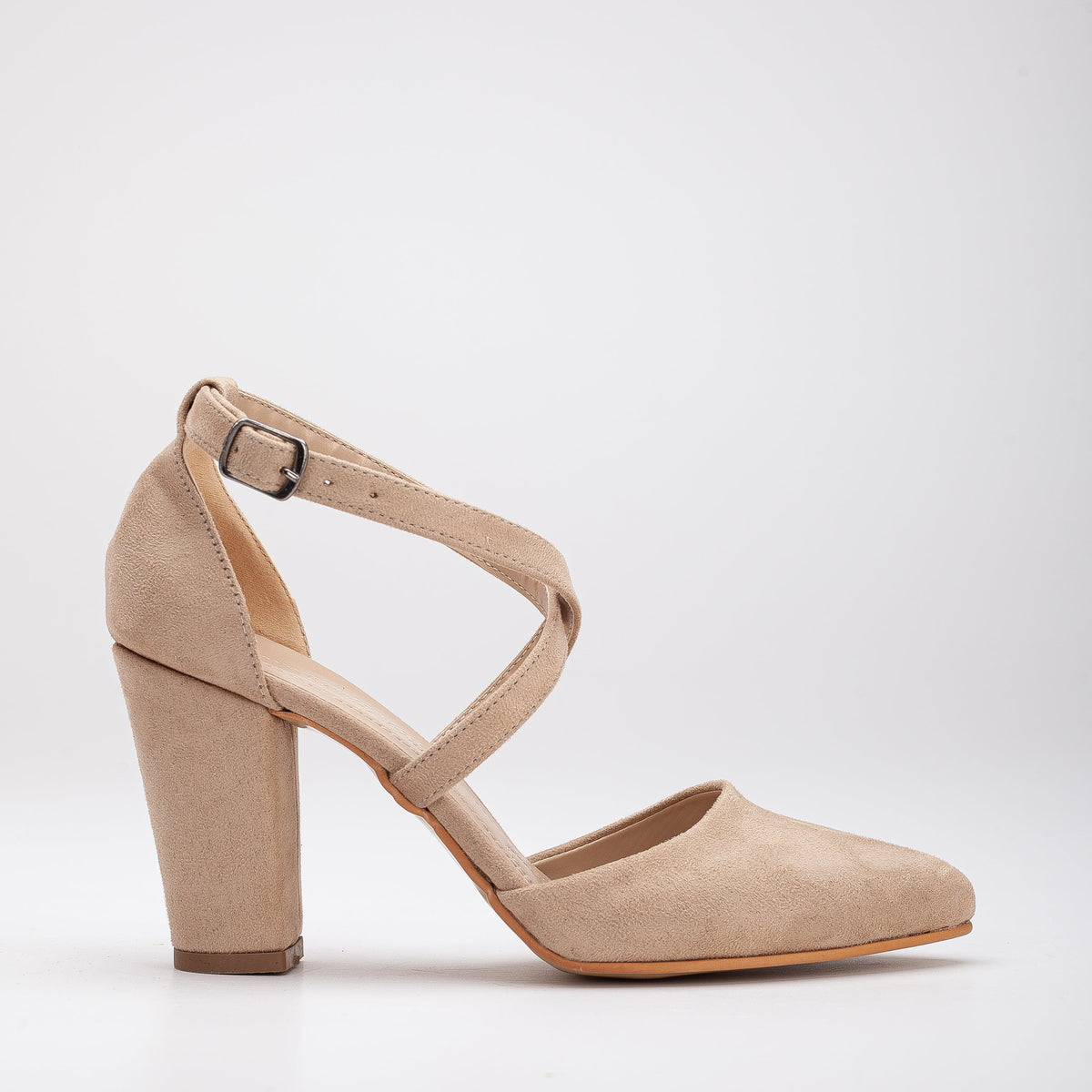 Sina - Beige Suede Criss Cross Heels – front three-quarter view showing leather, suede, nude, SimmiUnique