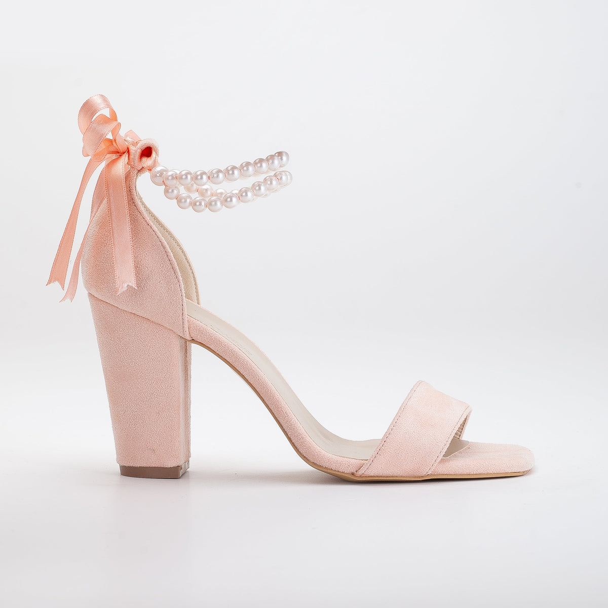 Melissa - Coral Suede Sandals with Pearls – front three-quarter view showing pearl, leather, suede, SimmiUnique