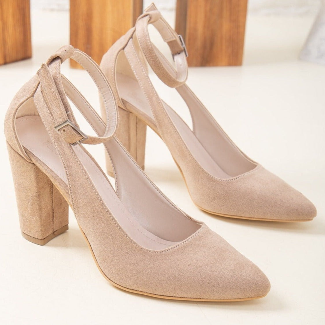 Colette - Beige Suede Bridal Shoes – back view showing leather, suede, SimmiUnique