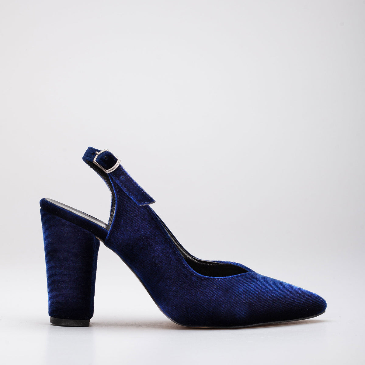 Emma - Dark Blue Velvet Slingback Shoes – front three-quarter view showing velvet, blue, red, SimmiUnique