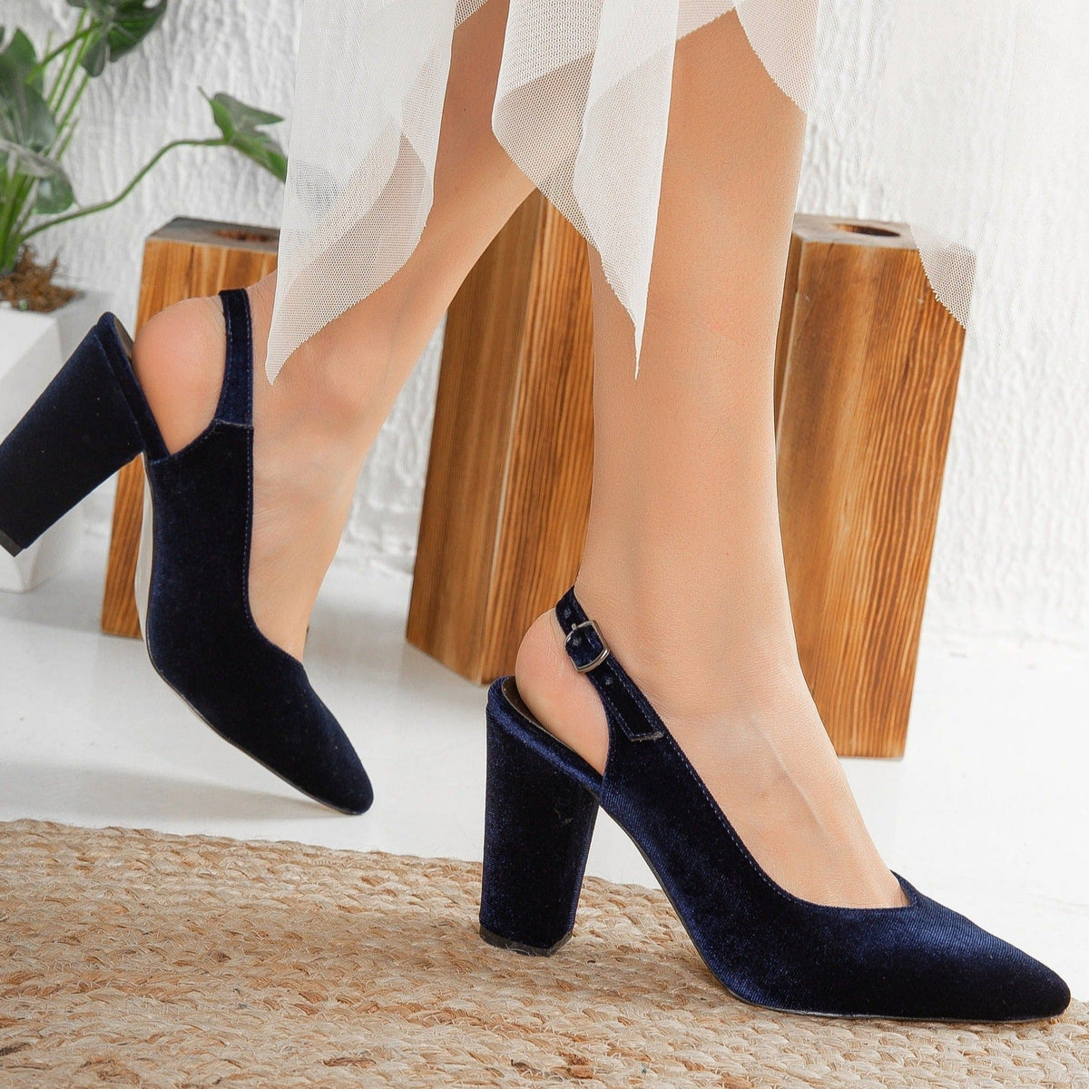 Emma - Dark Blue Velvet Slingback Shoes – heel view showing velvet, blue, red, SimmiUnique