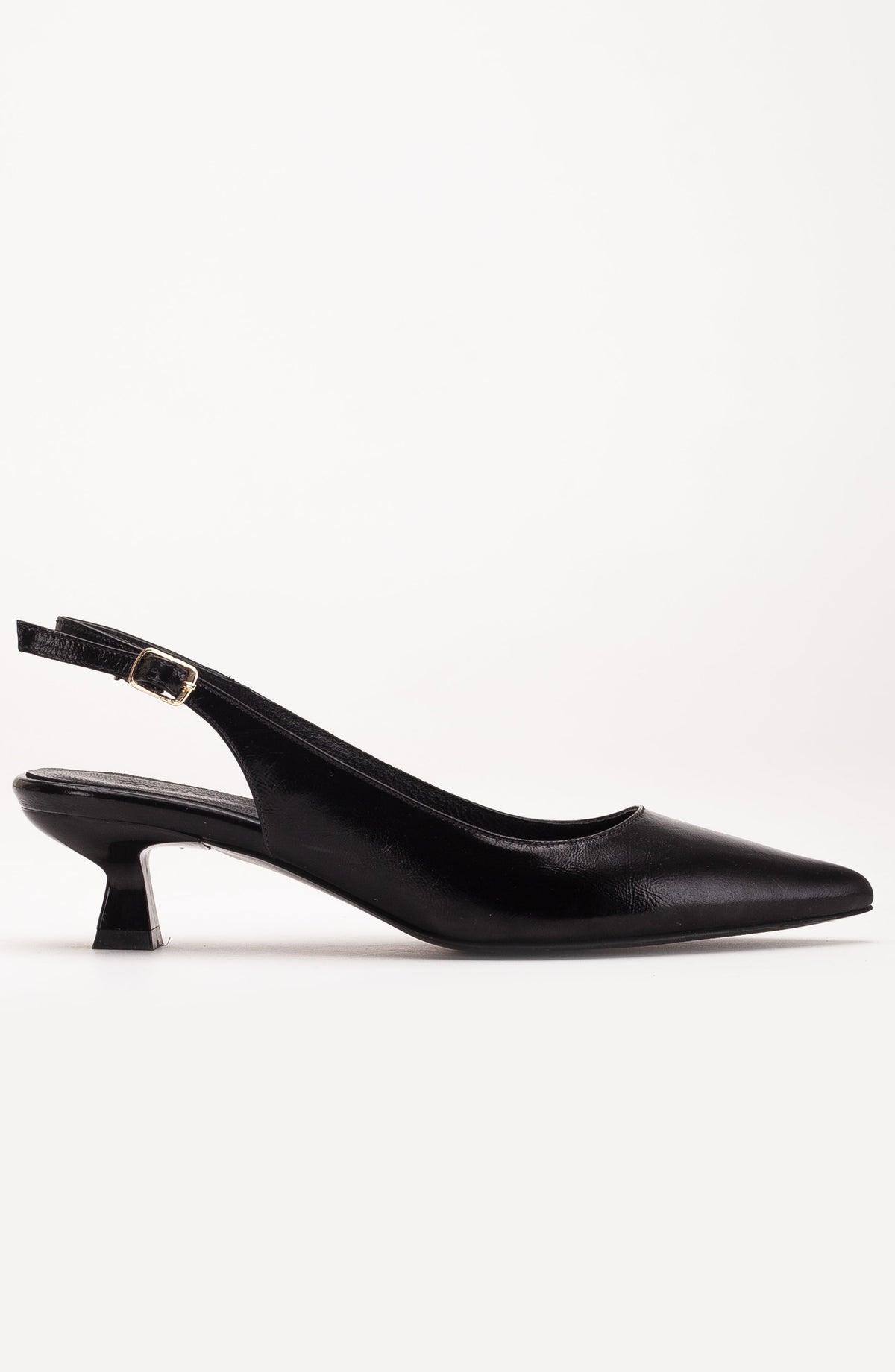 Lety - Black Patent Leather Slingback Pumps – back view showing leather, black, gold, SimmiUnique
