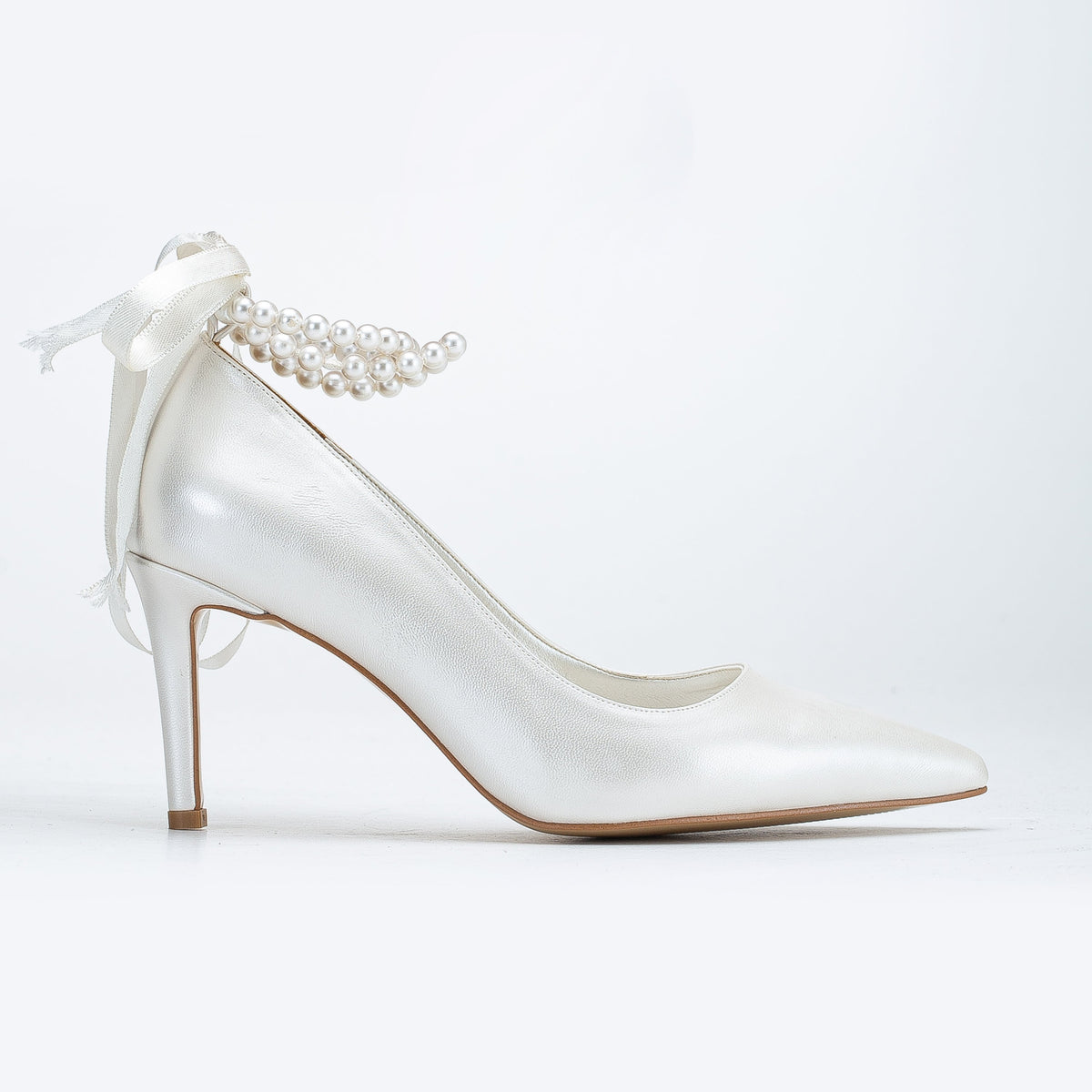 Penelope - Ivory Bridal Stiletto with Pearls – front three-quarter view showing pearl, satin, leather, SimmiUnique