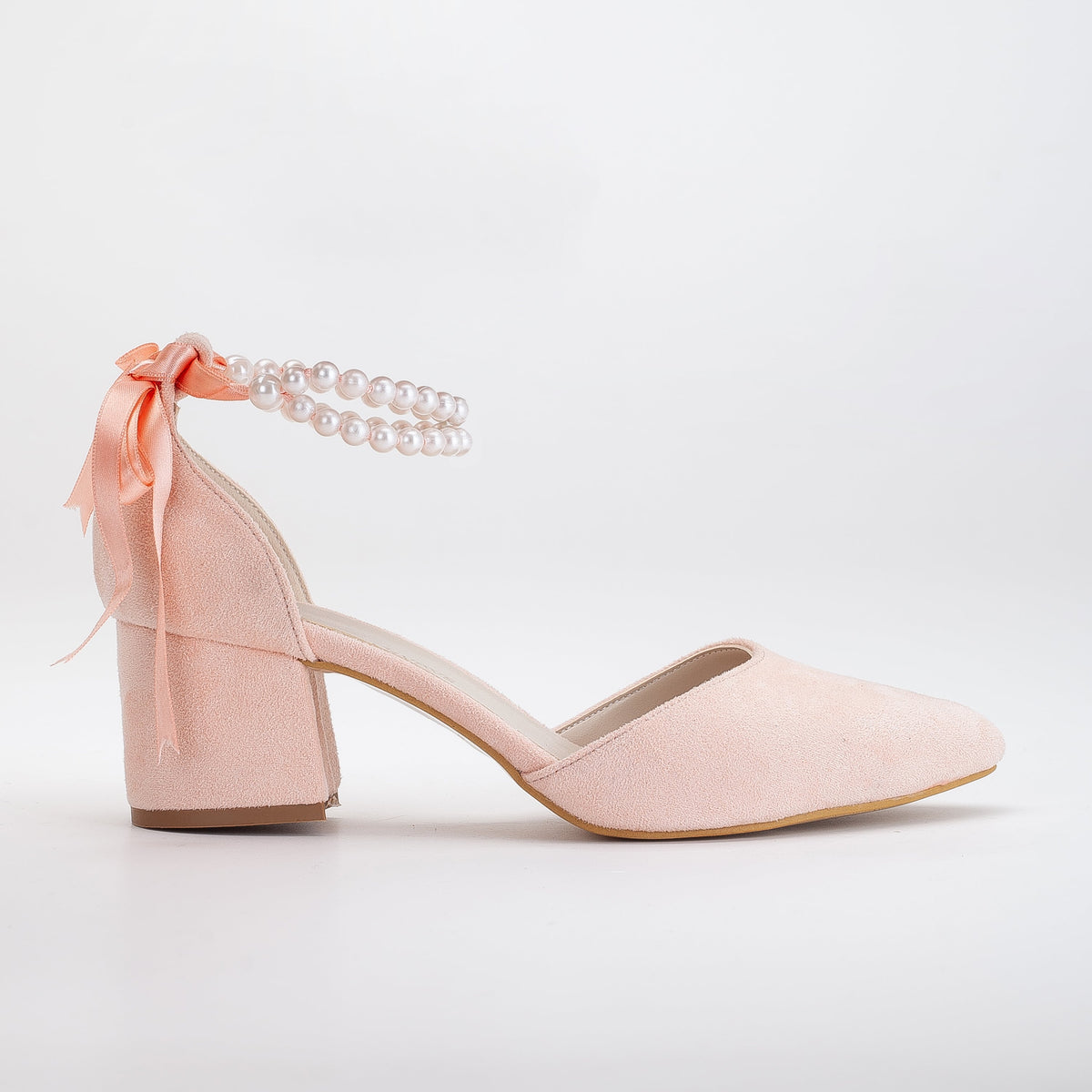 Miranda - Coral Pink Shoes with Pearls – front three-quarter view showing pearl, leather, suede, SimmiUnique