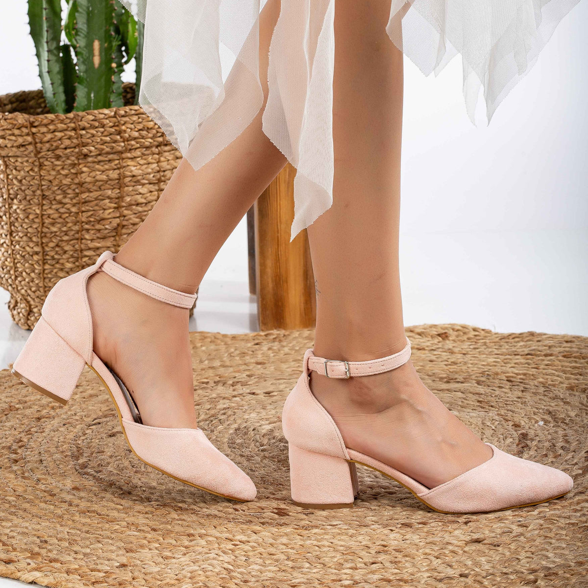 Miranda - Coral Pink Shoes with Pearls – top view showing pearl, leather, suede, SimmiUnique