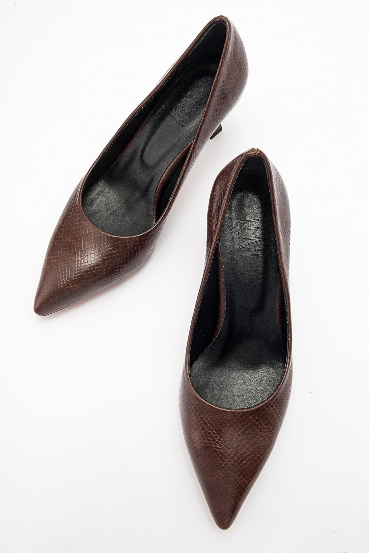 Pedra - Brown Printed Heeled Shoe – detail view showing leather, SimmiUnique