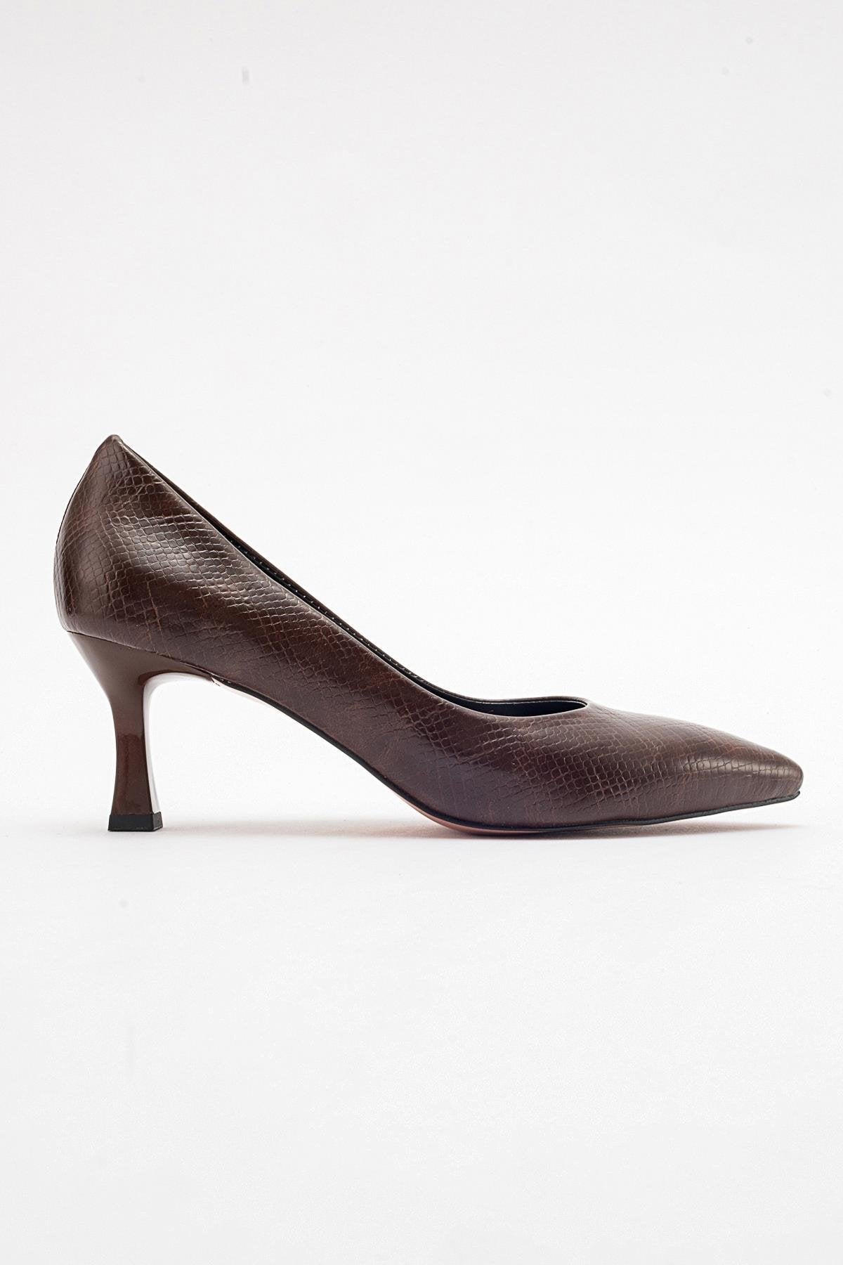 Pedra - Brown Printed Heeled Shoe – top view showing leather, SimmiUnique