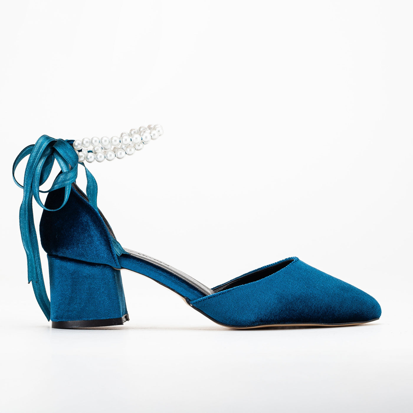 Miranda - Teal Blue Velvet Bridal Shoes with Pearls – front three-quarter view showing pearl, velvet, suede, SimmiUnique